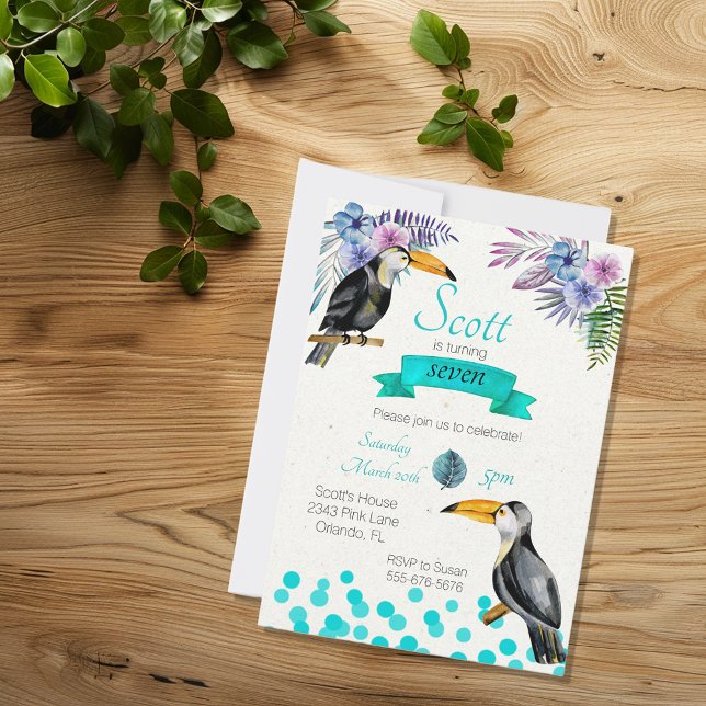 Invitation Fête d'anniversaire Bleu Toucan Été Tropical (Créateur téléchargé)