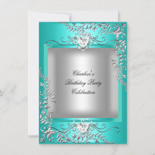 Invitation Fête d'anniversaire Bleu Turquoise Argent