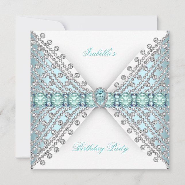 Invitation Fête d'anniversaire BLEU TURQUOISE Argent Blanc Di (Devant)