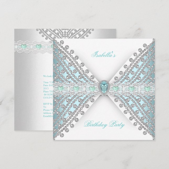 Invitation Fête d'anniversaire BLEU TURQUOISE Argent Blanc Di (Devant / Derrière)