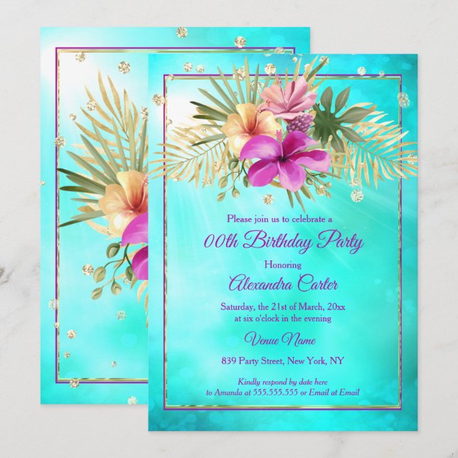 Invitation Fête d'anniversaire Bleu Turquoise Hibiscus Violet (Devant / Derrière)