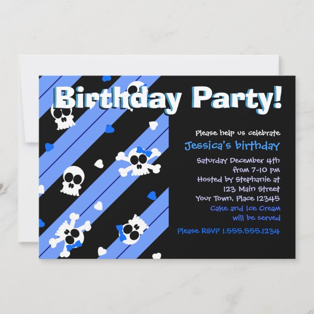 Invitation Fête d'anniversaire bleue de crânes et de coeurs (Devant)