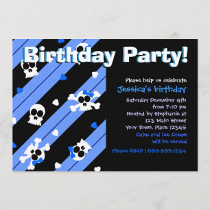 Invitation Fête d'anniversaire bleue de crânes et de coeurs