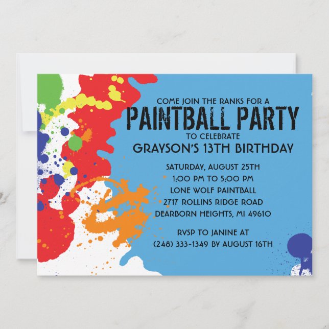 Invitation Fête d'anniversaire bleue de Paintball (Devant)
