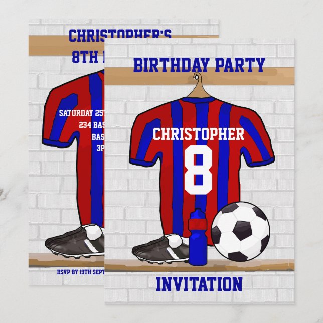 Invitation Fête d'anniversaire bleue et rouge de Jersey de (Devant / Derrière)