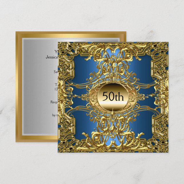 Invitation Fête d'anniversaire bleue or 50 ans Luxe Bleu Or (Devant / Derrière)