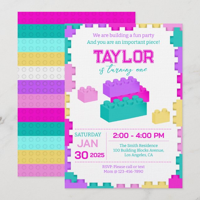 Invitation Fête d'anniversaire Blocs de construction Briques  (Devant / Derrière)