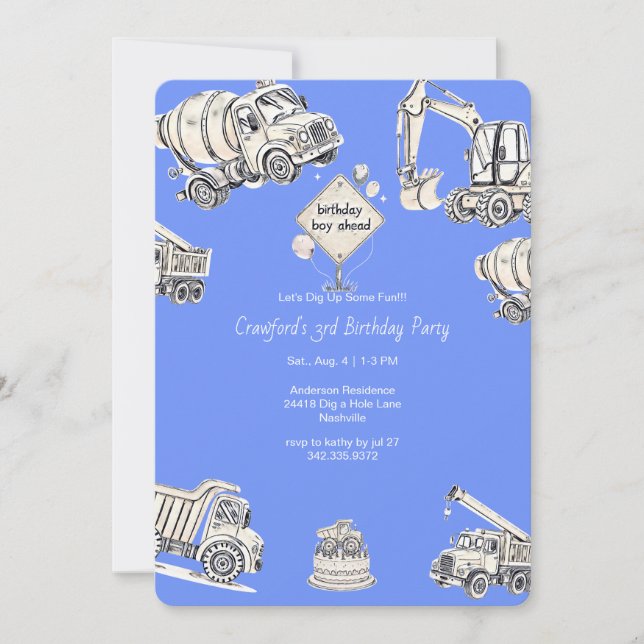 Invitation Fête d'anniversaire Blue Boy Construction (Devant)