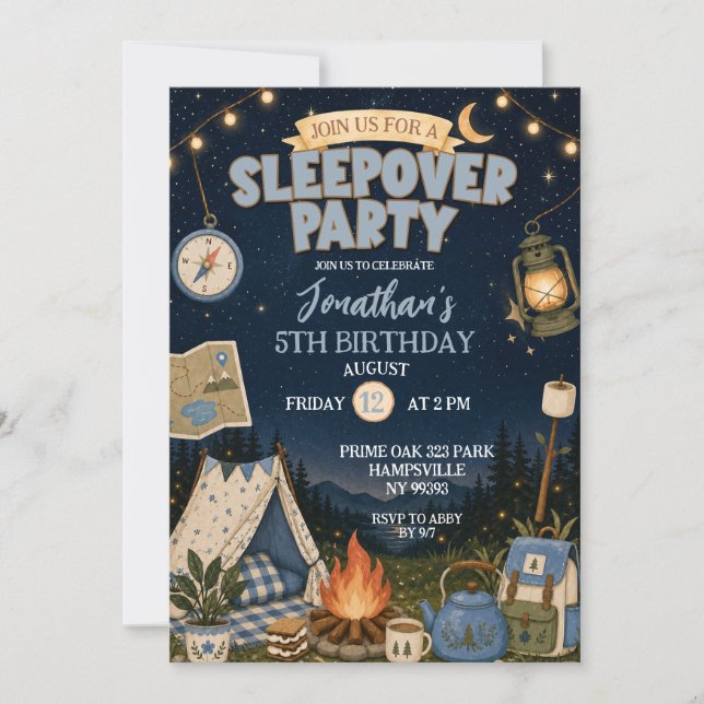 Invitation Fête d'anniversaire Blue Camp Sleepover Party (Devant)