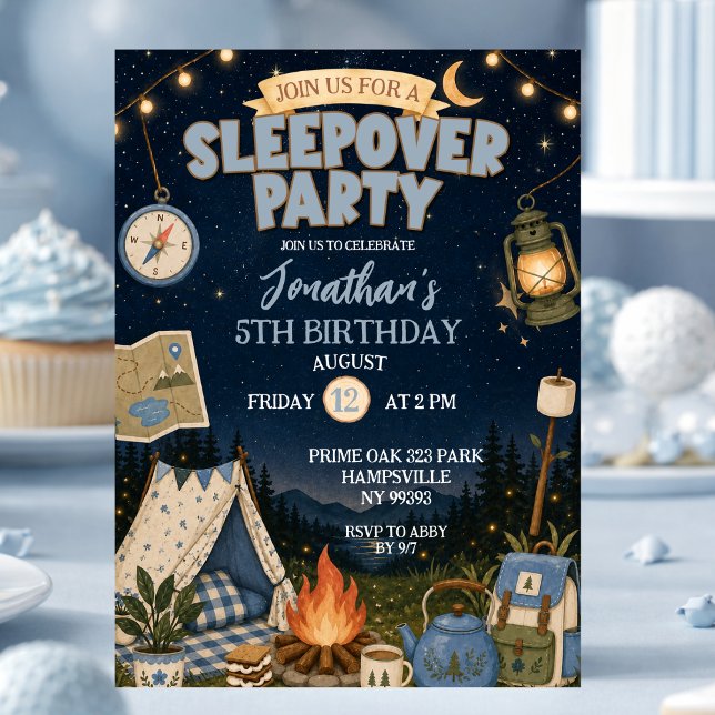 Invitation Fête d'anniversaire Blue Camp Sleepover Party (Créateur téléchargé)