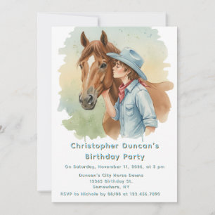 Invitation Fête d'anniversaire Blue Cowboy embrassant un chev