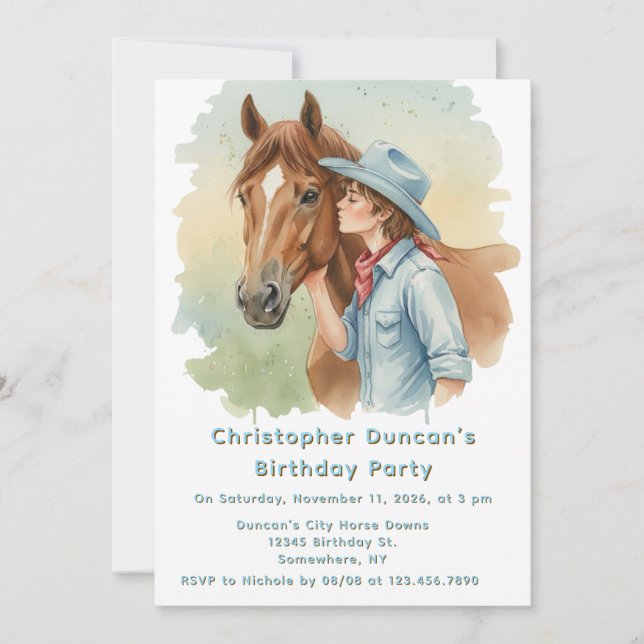 Invitation Fête d'anniversaire Blue Cowboy embrassant un chev (Devant)