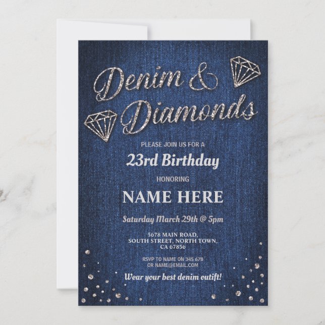 Invitation Fête d'anniversaire Blue Denim Silver Parties scin (Devant)