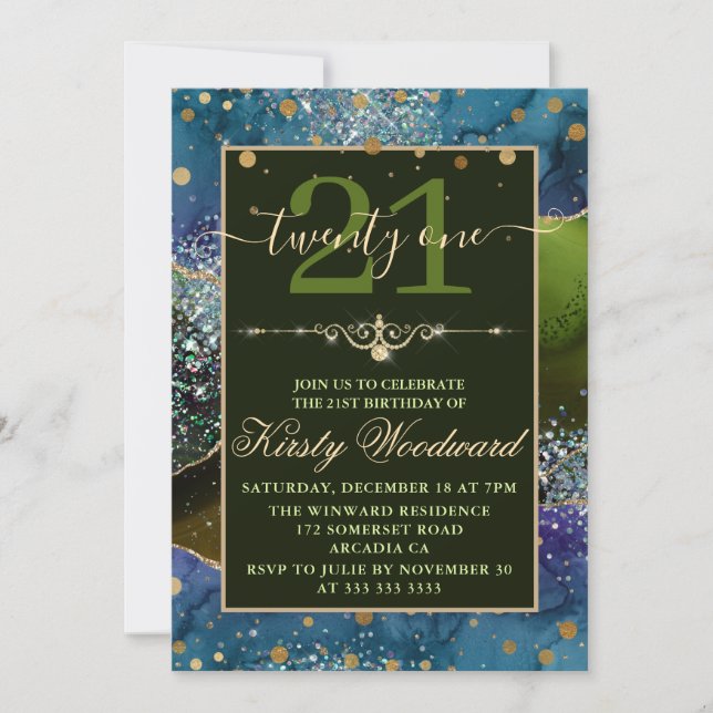 Invitation Fête d'anniversaire Blue & Green & Gold Glitter Ag (Devant)
