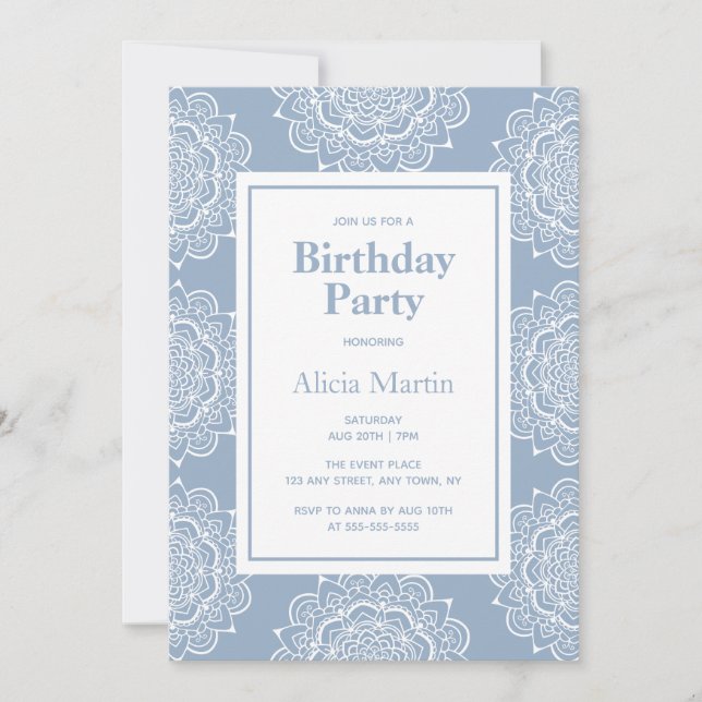 Invitation Fête d'anniversaire Blue Grey & White Mandala (Devant)