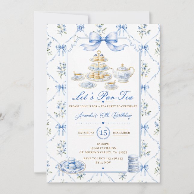 Invitation Fête d'anniversaire Blue Let's Par-tea Chinoiserie (Devant)