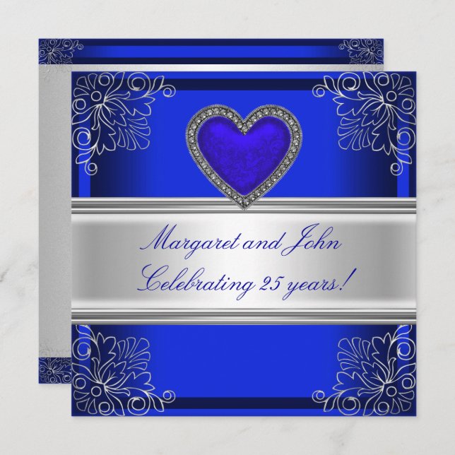 Invitation Fête d'anniversaire Blue Silver Floral 25 ans (Devant / Derrière)