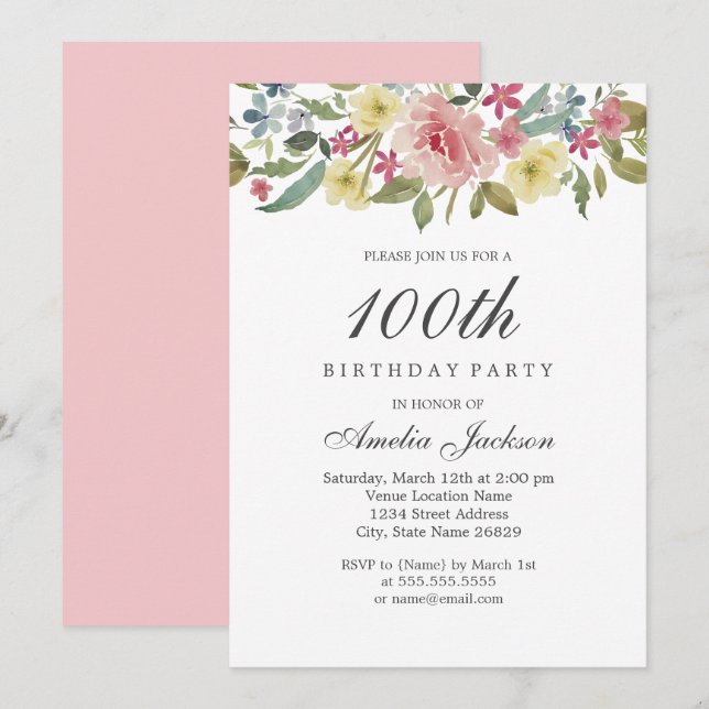 Invitation Fête d'anniversaire Blush Botanical Watercolor 100 (Devant / Derrière)
