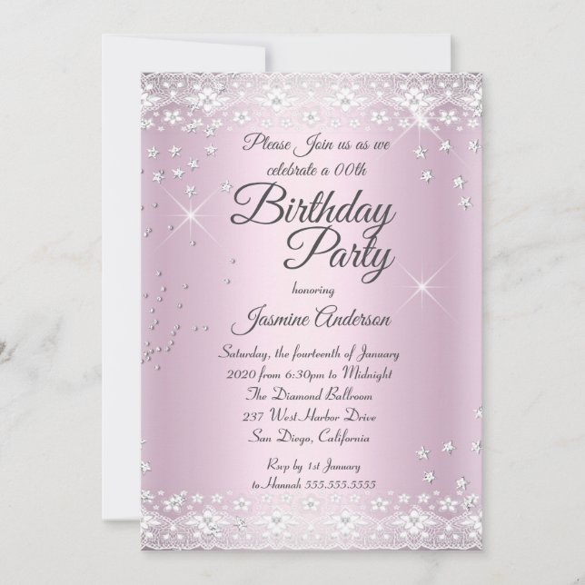 Invitation Fête d'anniversaire Blush Rose Paillettes Argent d (Devant)