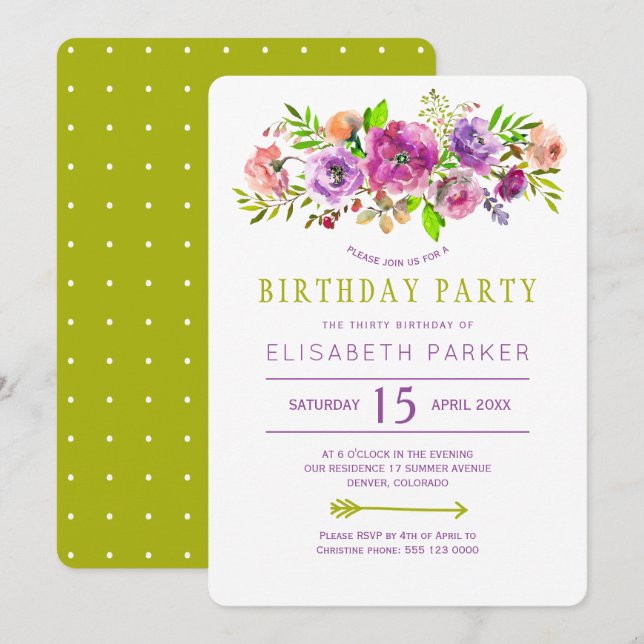 Invitation Fête d'anniversaire bohème florale rustique verte  (Devant / Derrière)