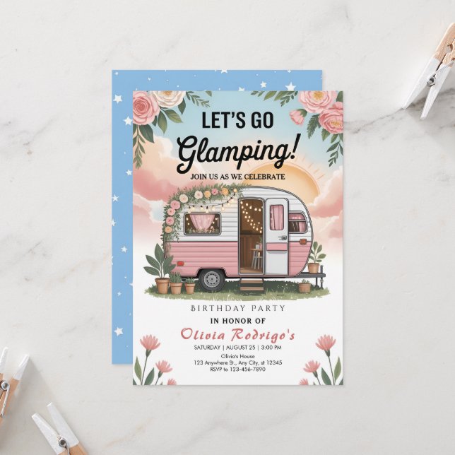 Invitation Fête d'anniversaire Bohème Glamping (Devant/Arrière en situation)