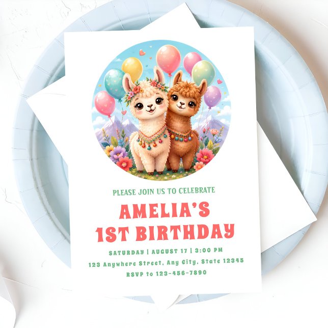 Invitation Fête d'anniversaire Boho Alpaca Duo (Créateur téléchargé)