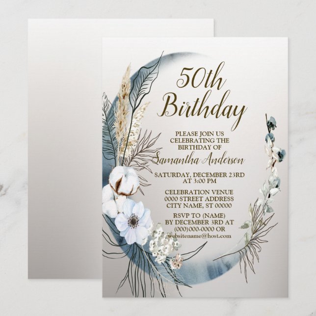 Invitation Fête d'anniversaire Boho White Orchid Fleurs Blue  (Devant / Derrière)