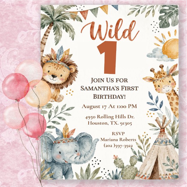 Invitation Fête d'anniversaire Boho Wild One Safari (Créateur téléchargé)