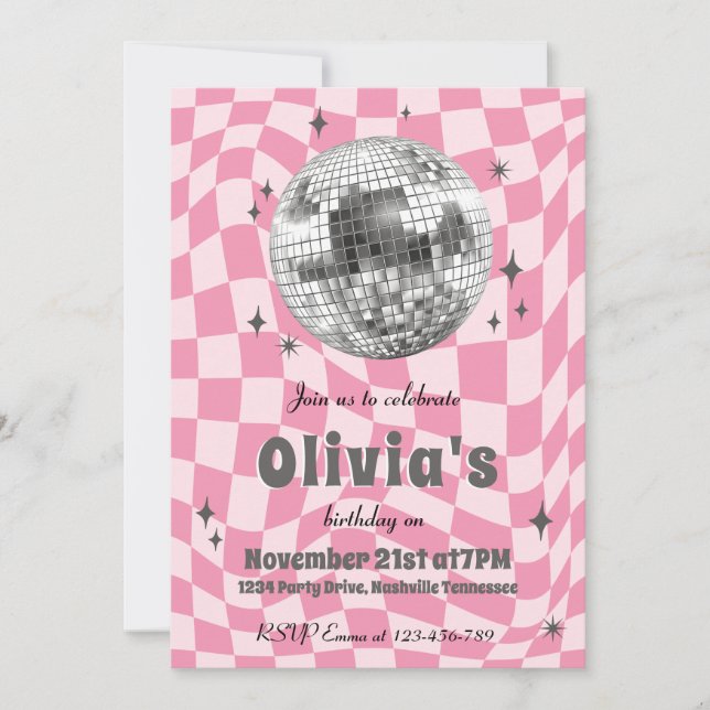 Invitation Fête d'anniversaire boule disco Coquette Rétro Ros (Devant)