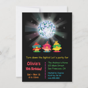 Invitation Fête d'anniversaire boule disco et oiseaux dansant