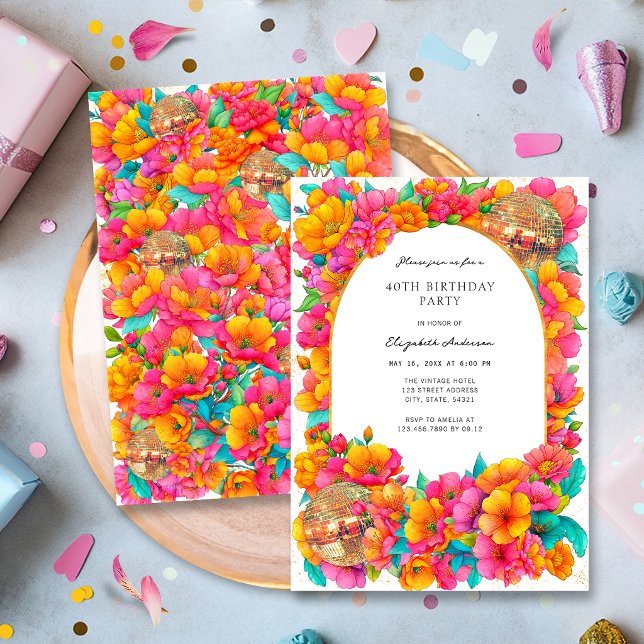 Invitation Fête d'anniversaire boule disco florale rose vif o (Créateur téléchargé)