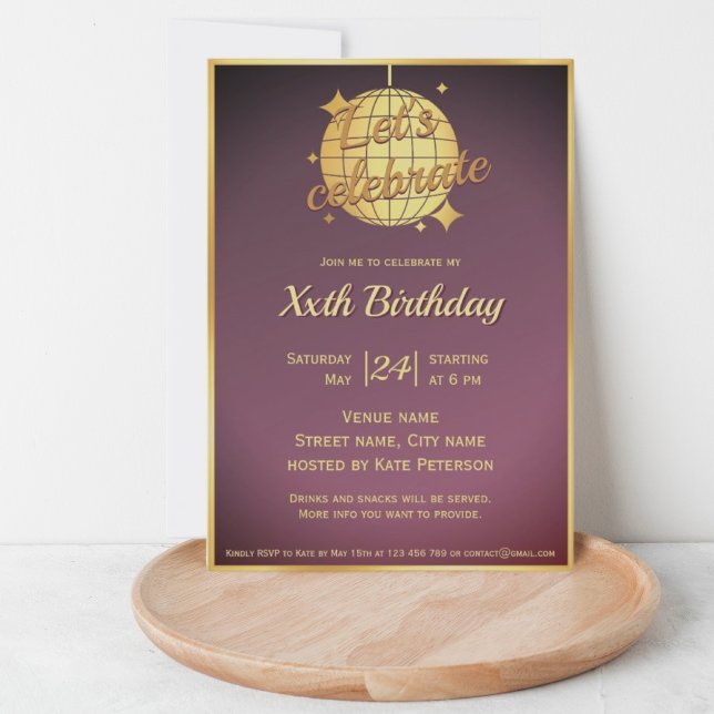Invitation Fête d'anniversaire boule disco or lilas poussiére (Créateur téléchargé)