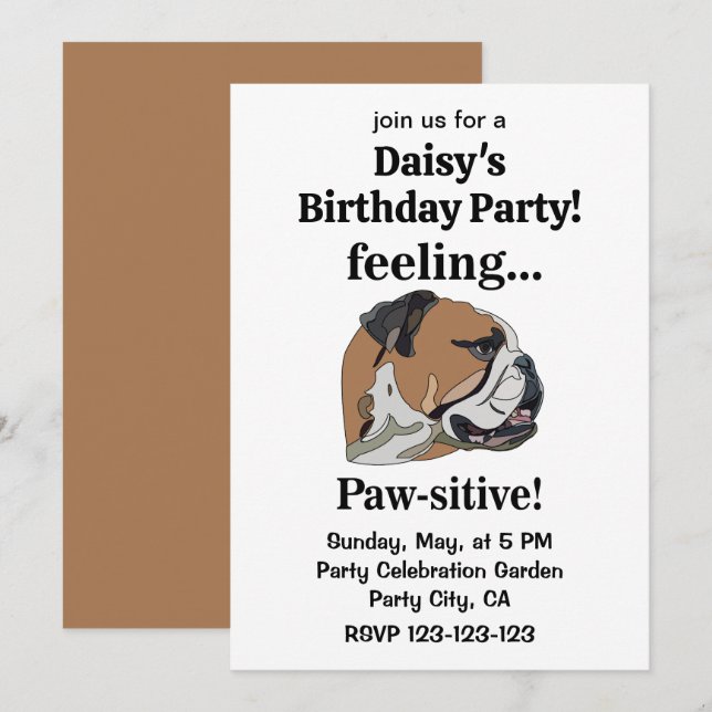 Invitation Fête d'anniversaire Bouledogue Anglais Feeling Paw (Devant / Derrière)