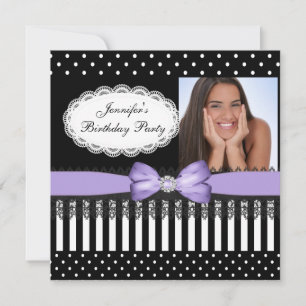 Invitation Fête d'anniversaire Bow Black Lilac Pois blancs