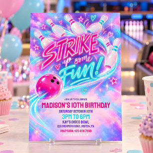 Invitation Fête d'anniversaire Bowling Glow Néon Rose