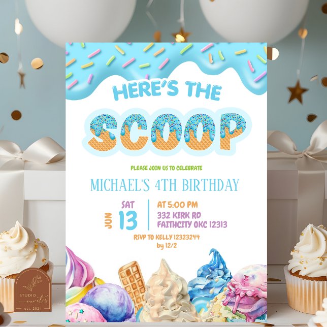 Invitation Fête d'anniversaire Boy Blue Drip Here's the Scoop (Créateur téléchargé)