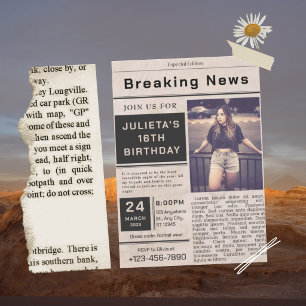 Invitation Fête d'anniversaire Breaking News Vintage noir