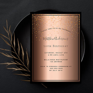 Invitation Fête d'anniversaire bronze brun confetti noir
