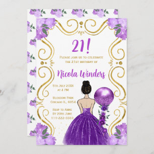 Invitation Fête d'anniversaire Brown cheveux Princesse en vio