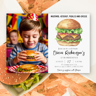 Invitation Fête d'anniversaire Burger Aquarelle