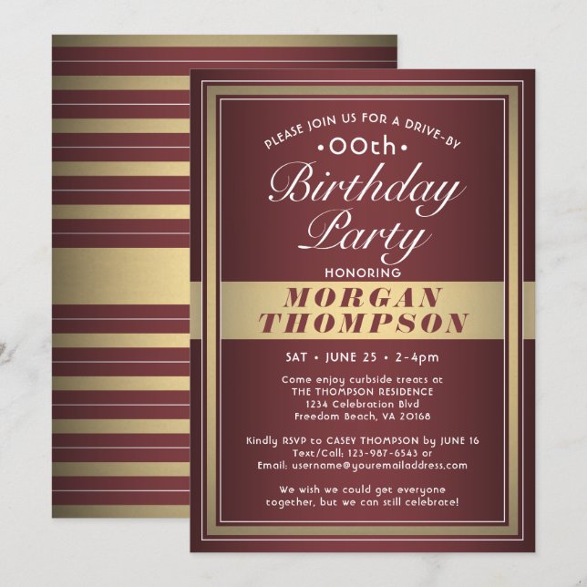 Invitation Fête d'anniversaire Burgundy Or et Blanc en voitur (Devant / Derrière)