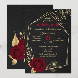 Invitation fête d'anniversaire burgundy or floral noir