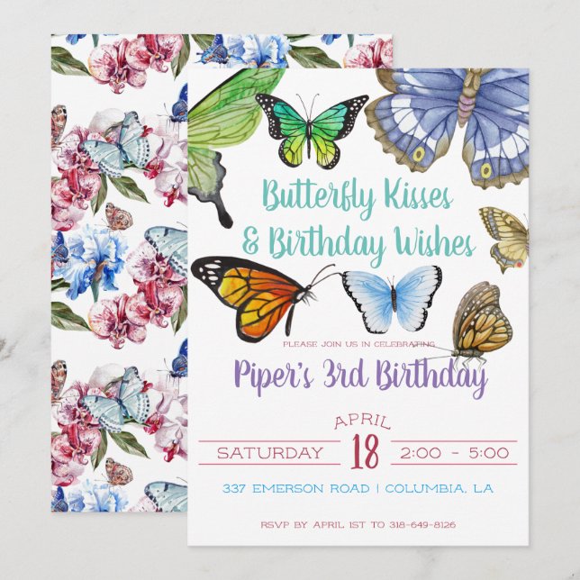 Invitation Fête d'anniversaire Butterfly Kisses (Devant / Derrière)