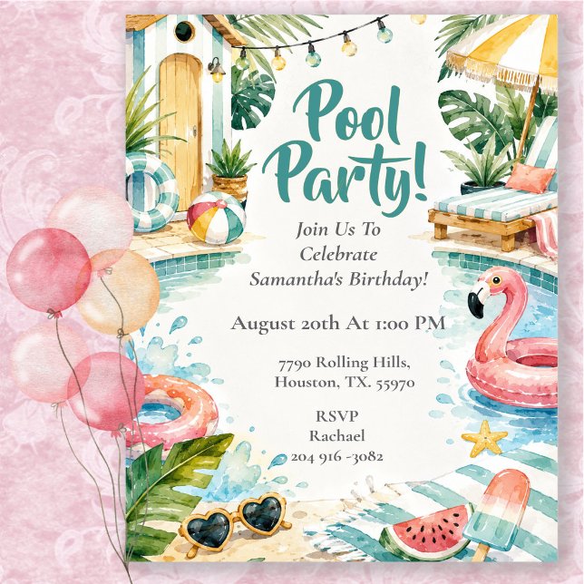 Invitation Fête d'anniversaire cabane de piscine aquarelle (Créateur téléchargé)