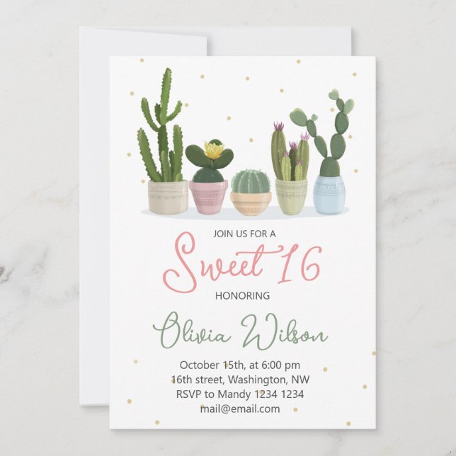 Invitation Fête d'anniversaire Cactus Sweet 16 (Devant)