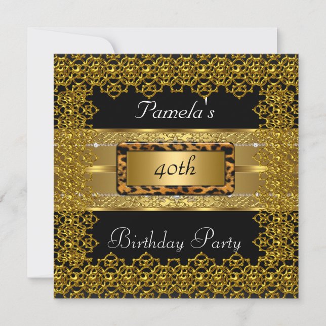 Invitation Fête d'anniversaire Cadre Léopard Or et Noir (Devant)