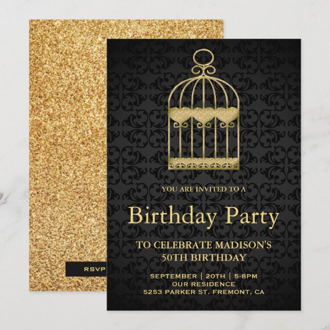 Invitation Fête d'anniversaire Cage à oiseaux Gold Shabby Chi (Devant / Derrière)