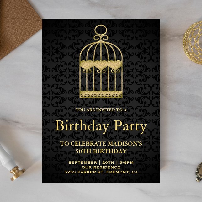 Invitation Fête d'anniversaire Cage à oiseaux Gold Shabby Chi (Créateur téléchargé)