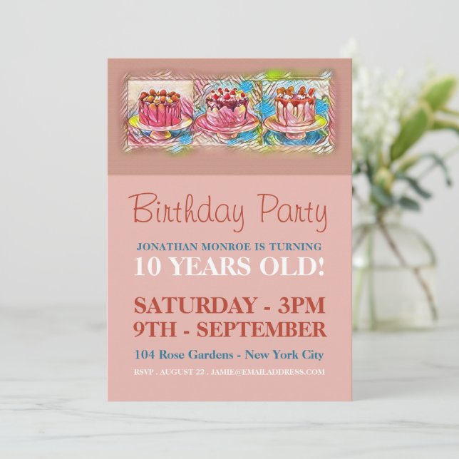 Invitation Fête d'anniversaire Cake Art Peach (Debout devant)