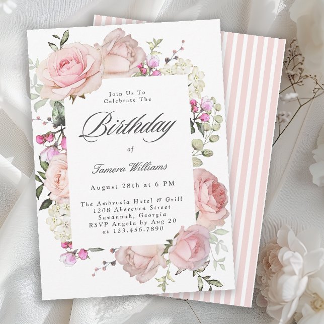 Invitation Fête d'anniversaire calligraphie Roses roses fémin (Invitation may be ordered in printed and instant download digital formats.)